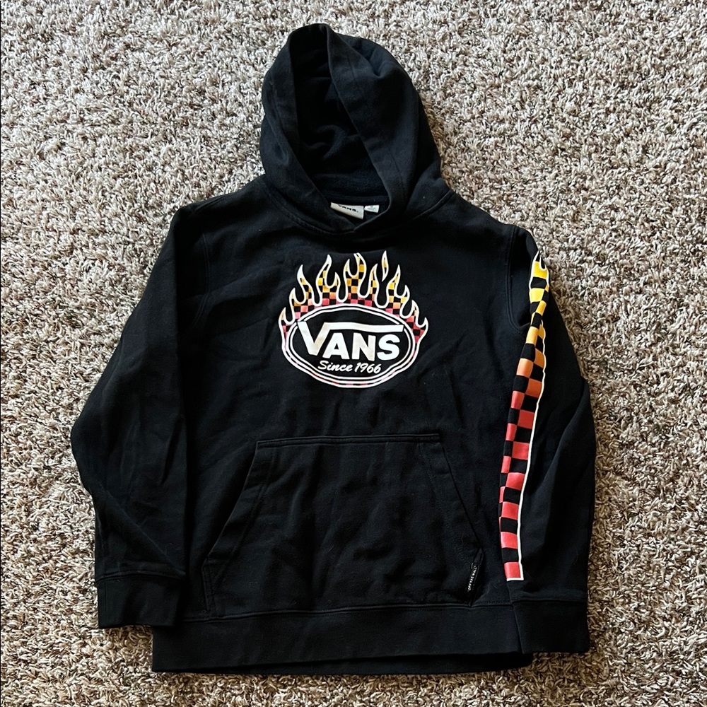 Vans Black Hoodie with Flame and Checkered Design